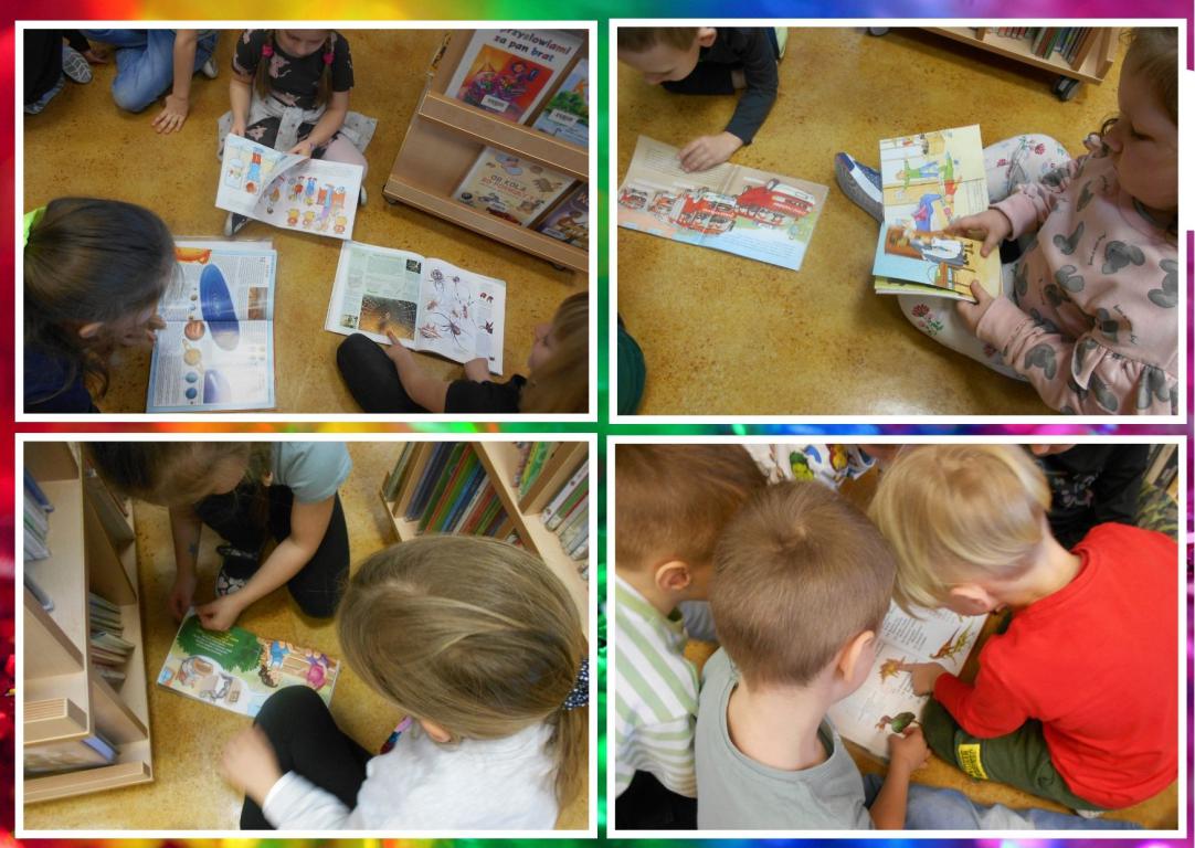 Cztery zdjęcia, na których przedszkolaki oglądają książki w bibliotece